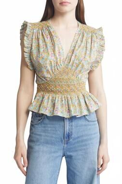 NEW LORETTA CAPONI pastel poppy daisy top and skirt set in yellow
